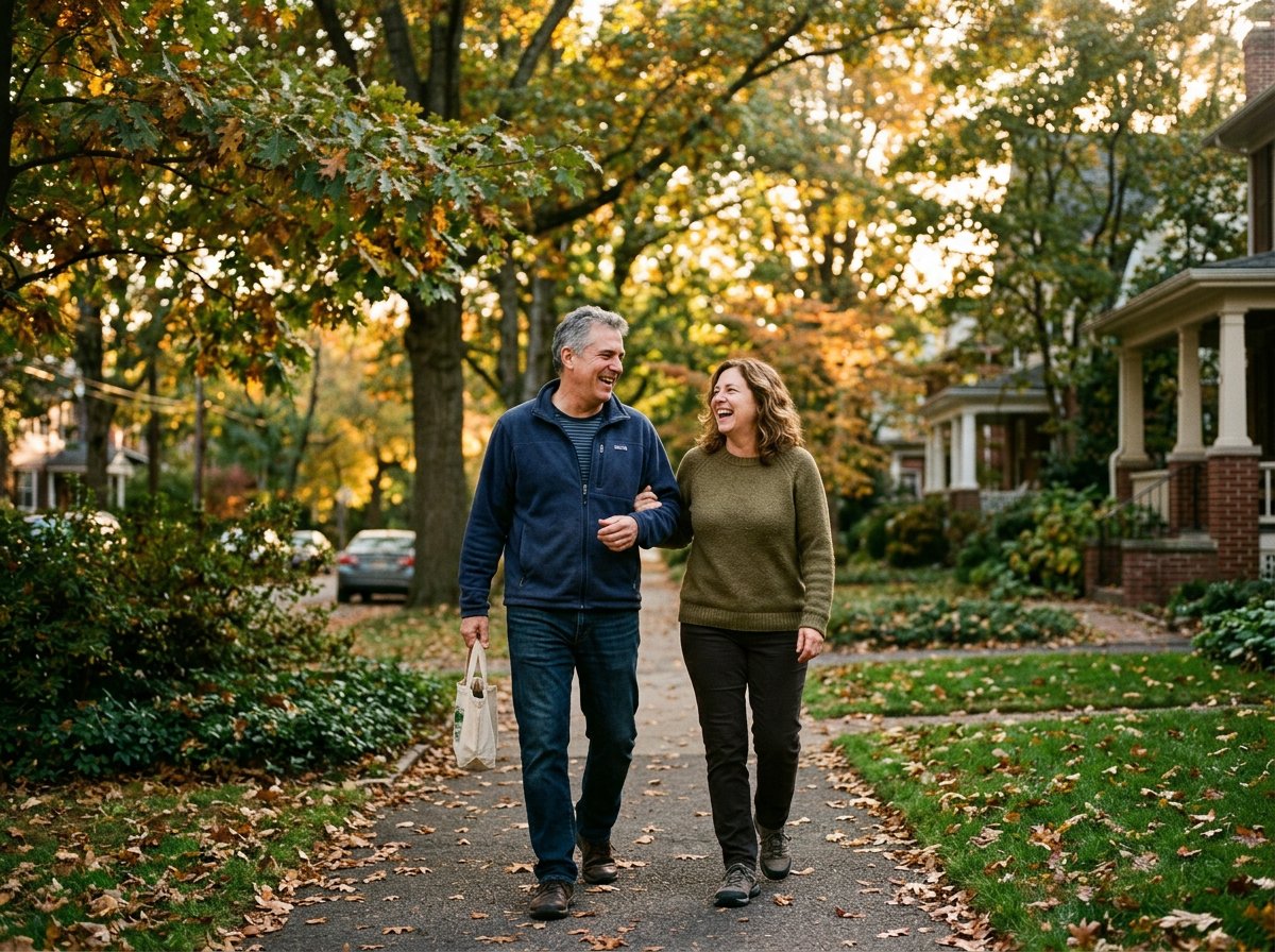 A middle-aged couple laughing as they walk arm in arm along an autumn neighborhood path