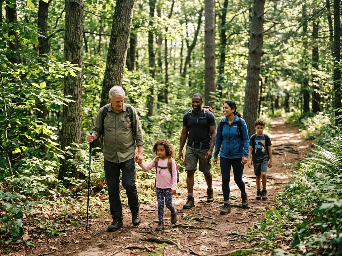 Grandparents, parents, and children hiking together on a sunlit forest trail