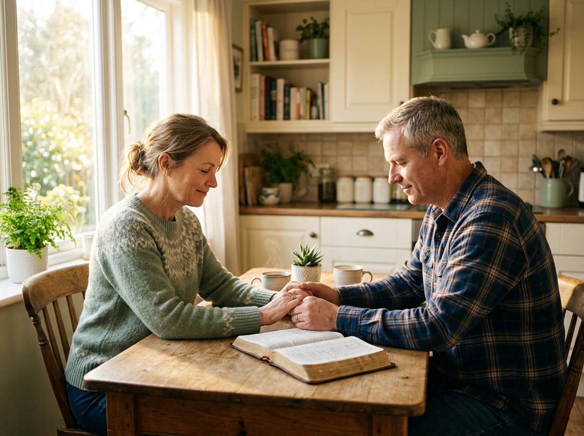 A couple sharing a warm, peaceful moment of prayer at their kitchen table